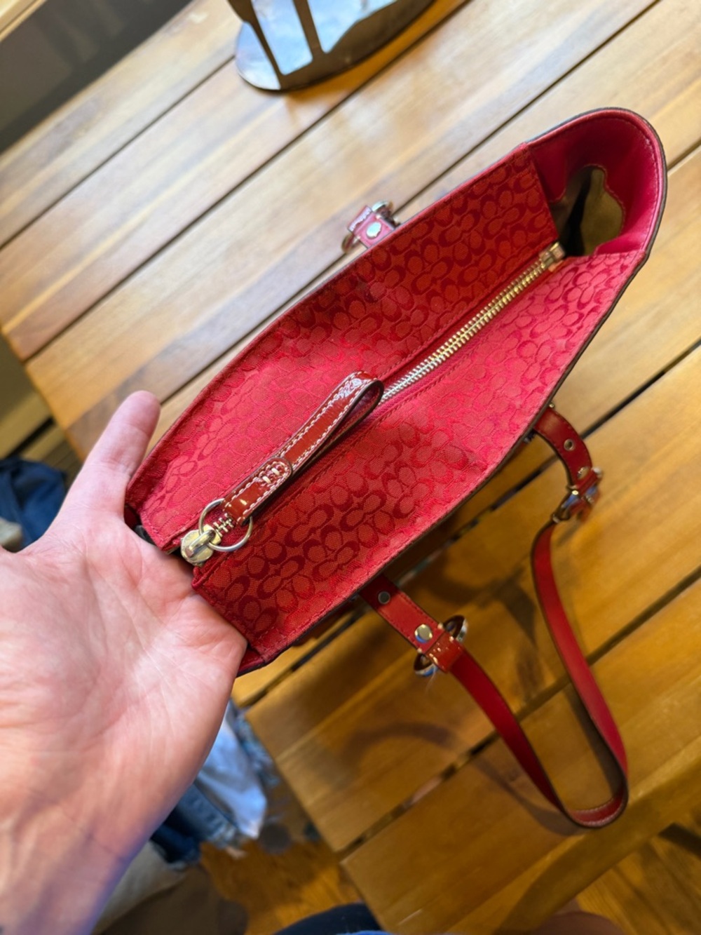 Coach Red Signature Canvas Tote with Patent Leather Trim - Picture 10 of 10